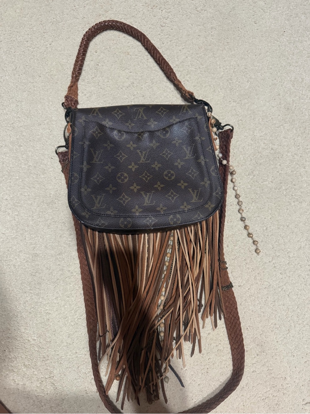 Louis Vuitton Brown Monogram Fringe Crossbody with Blue Stone Accent - Picture 2 of 5